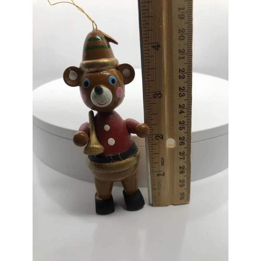 Vintage Christmas Wooden Teddy Bear Toy Ornament With‎ Horn Musical 4.25